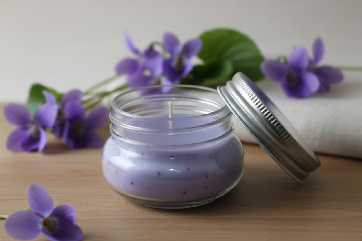 Vela aromática de cera de soya y coco. Violetas 100g