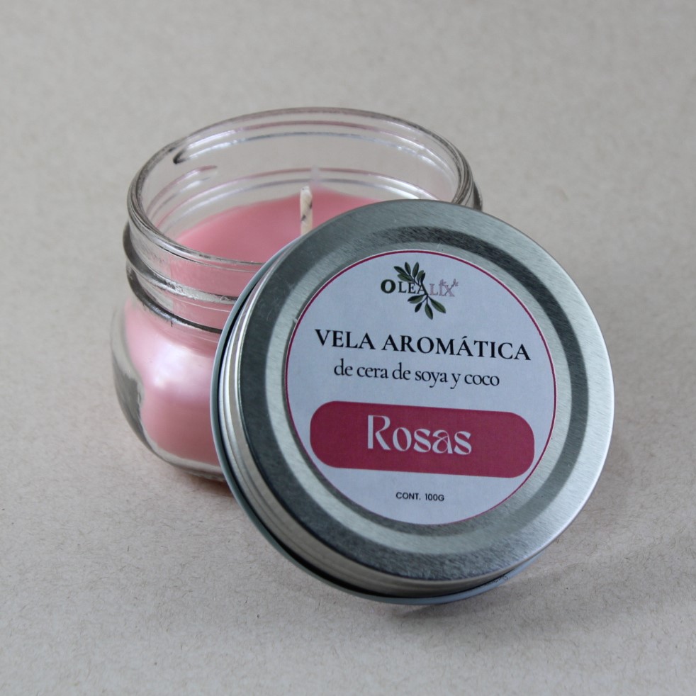 Vela aromática de cera de soya y coco. Rosas 100g